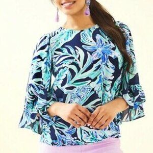 NWT $118 Small LILLY PULITZER LILEEZE Francis Top High Tide Navy Ready Set Gecko